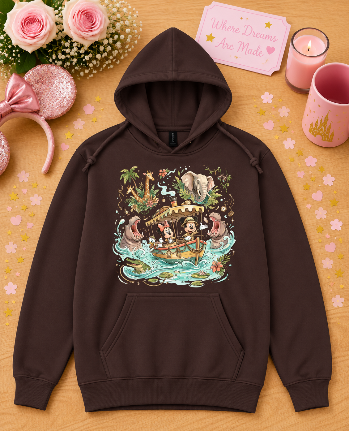 Jungle River Adventure Hoodie β Tropical Safari Boat Design