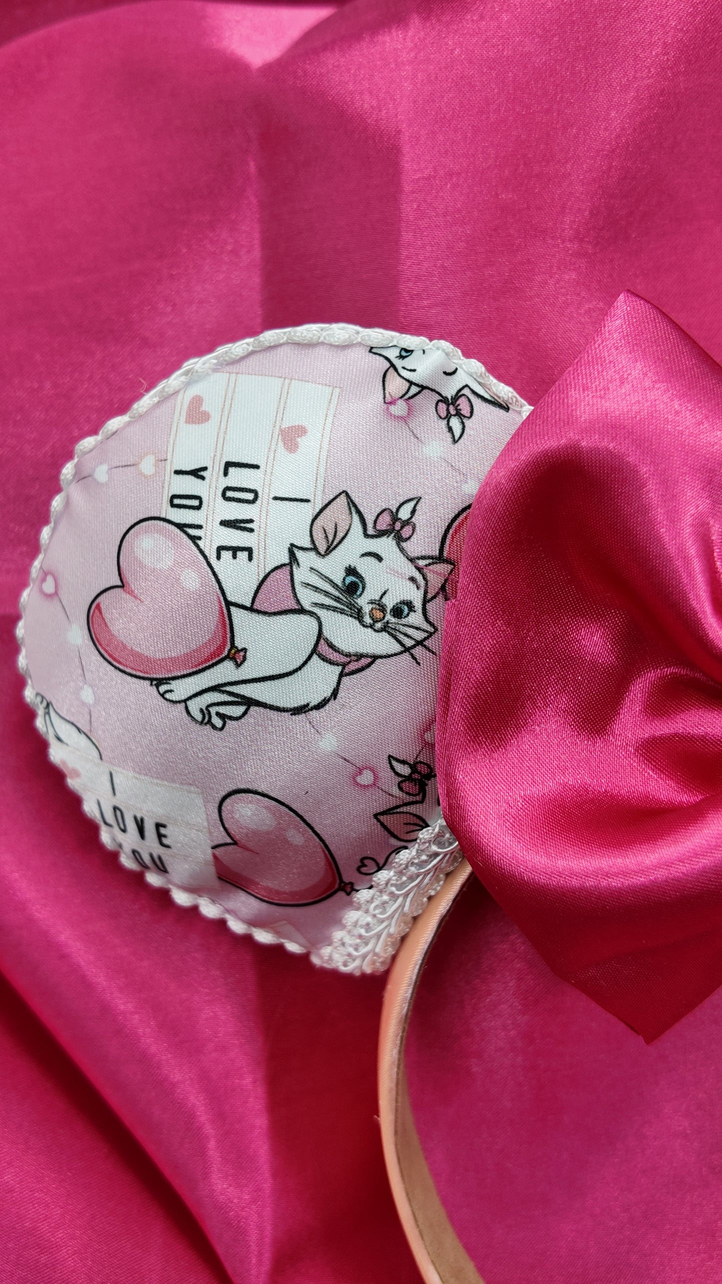 Marie Cat Ears Headband With Satin Bow Pink Featuring Adorable Cat Prints and Sparkling Rhinestone Center