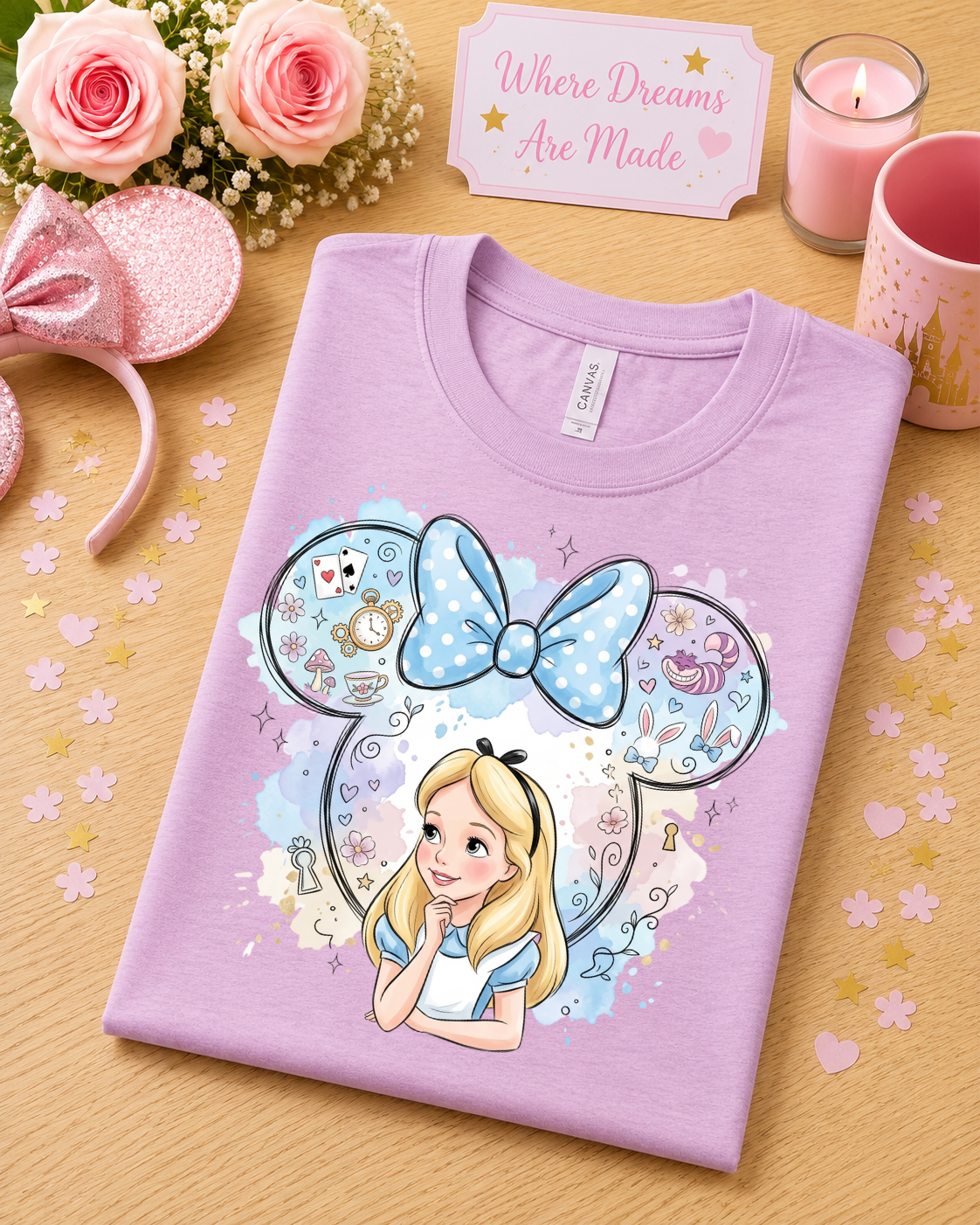 Curious Wonderland T-Shirt – Fairytale Mouse Ears & Blue Bow Design