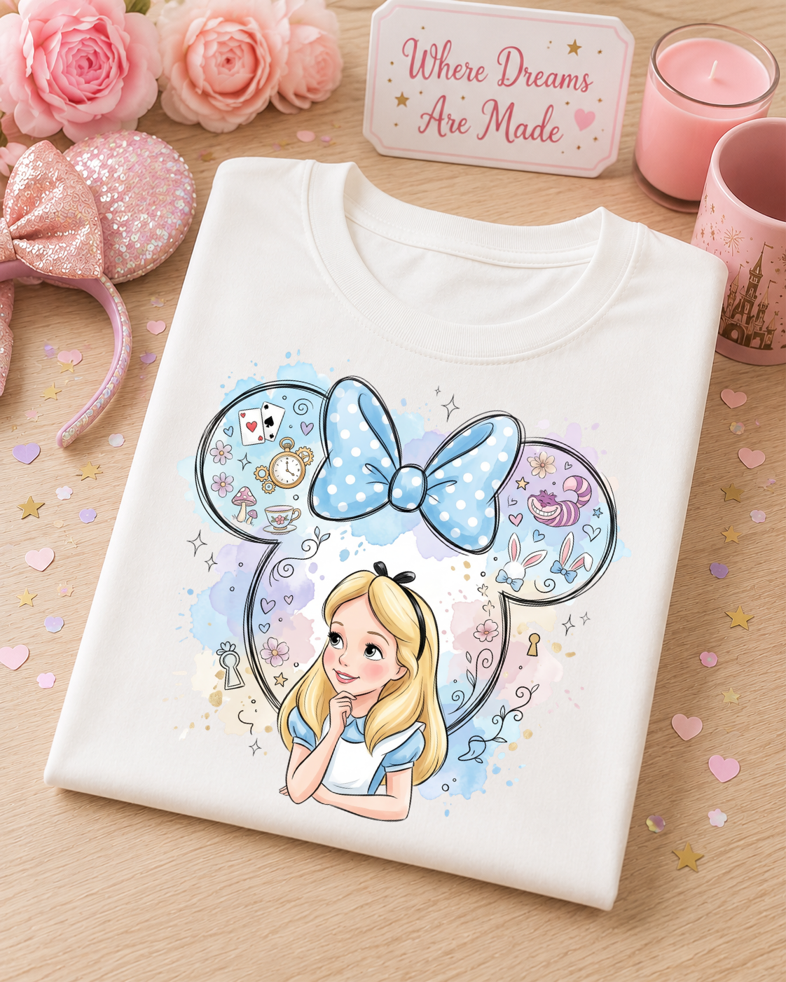 Curious Wonderland T-Shirt – Fairytale Mouse Ears & Blue Bow Design