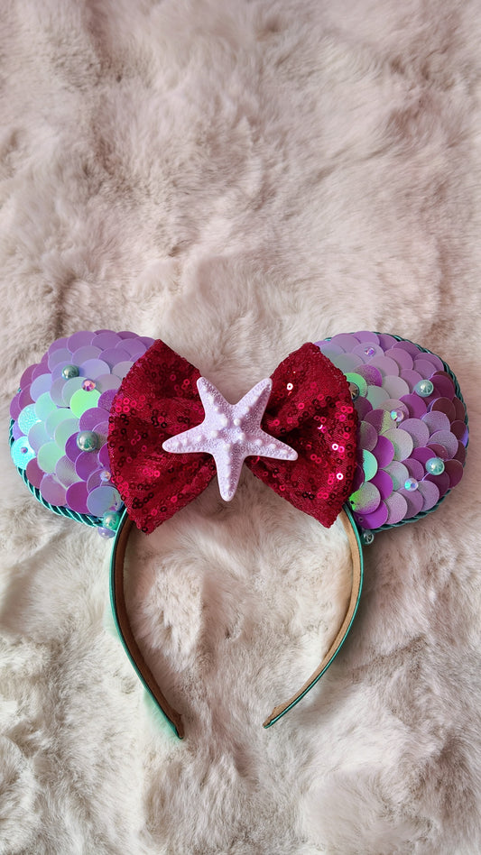 Mermaid Mouse Ears Headband, Purple Sequin Minnie Ears with Red Bow & Starfish, Iridescent Ariel Inspired Ears