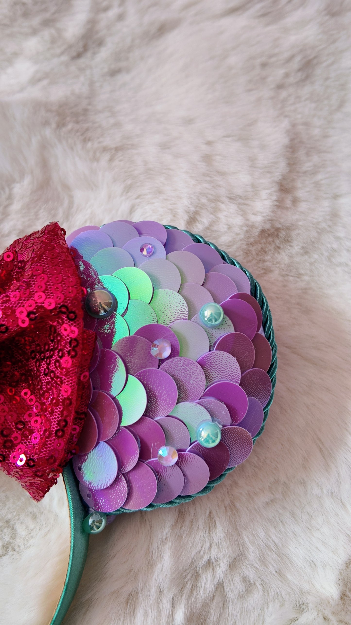 Mermaid Mouse Ears Headband, Purple Sequin Minnie Ears with Red Bow & Starfish, Iridescent Ariel Inspired Ears
