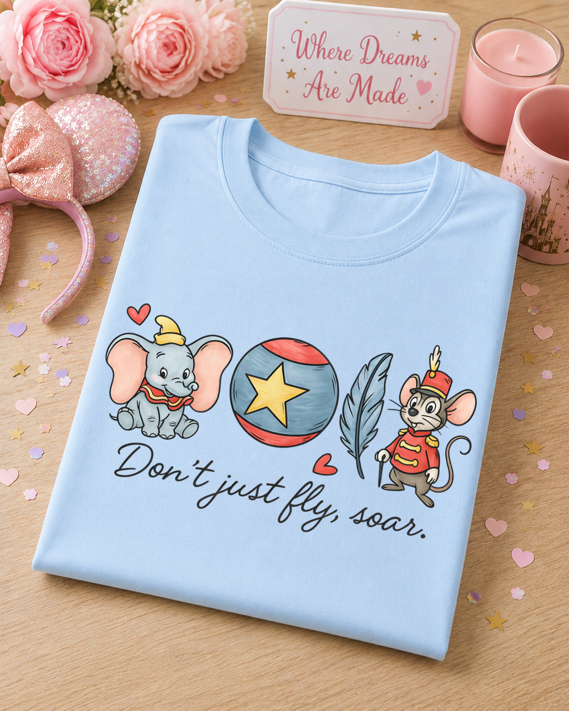 Don't Just Fly, Soar T-Shirt – Cute Circus Elephant & Mouse Tee
