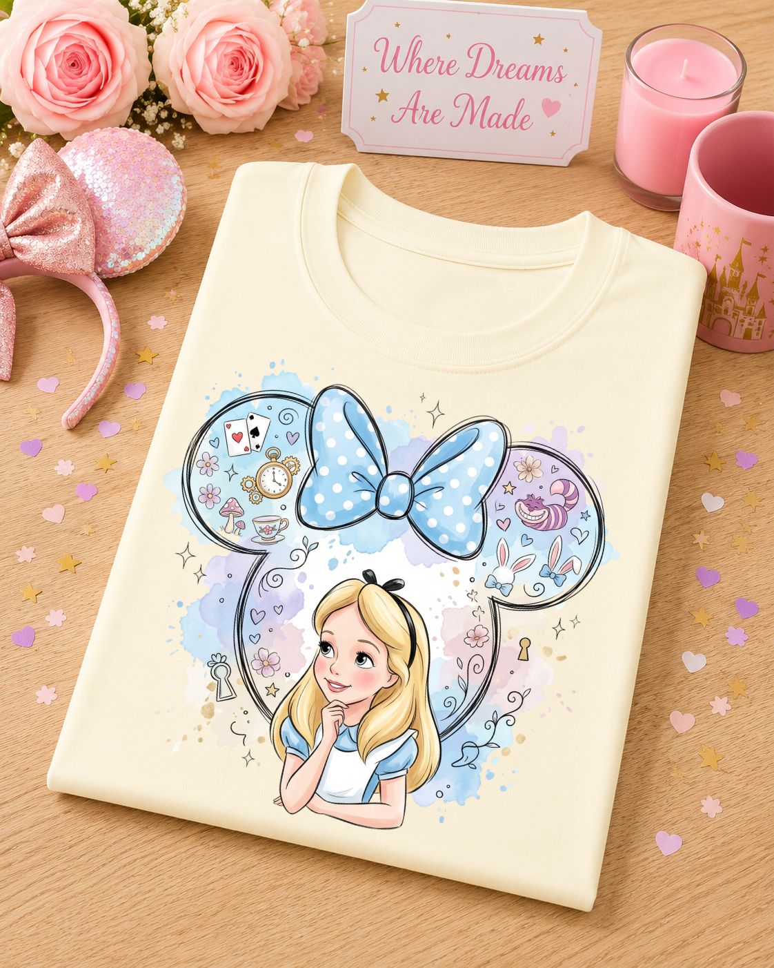 Curious Wonderland T-Shirt – Fairytale Mouse Ears & Blue Bow Design