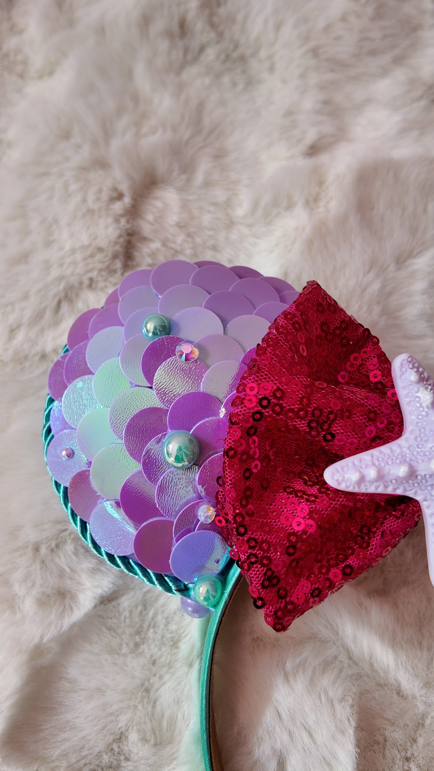 Mermaid Mouse Ears Headband, Purple Sequin Minnie Ears with Red Bow & Starfish, Iridescent Ariel Inspired Ears