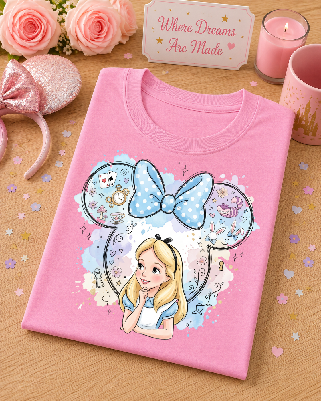 Curious Wonderland T-Shirt – Fairytale Mouse Ears & Blue Bow Design