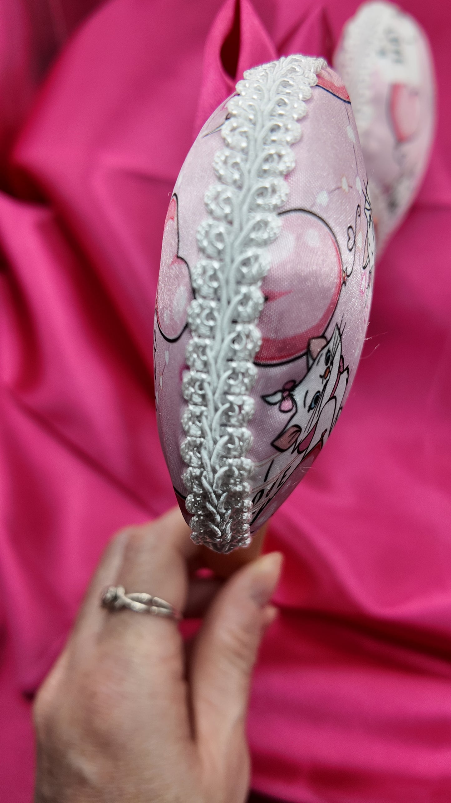 Marie Cat Ears Headband With Satin Bow Pink Featuring Adorable Cat Prints and Sparkling Rhinestone Center