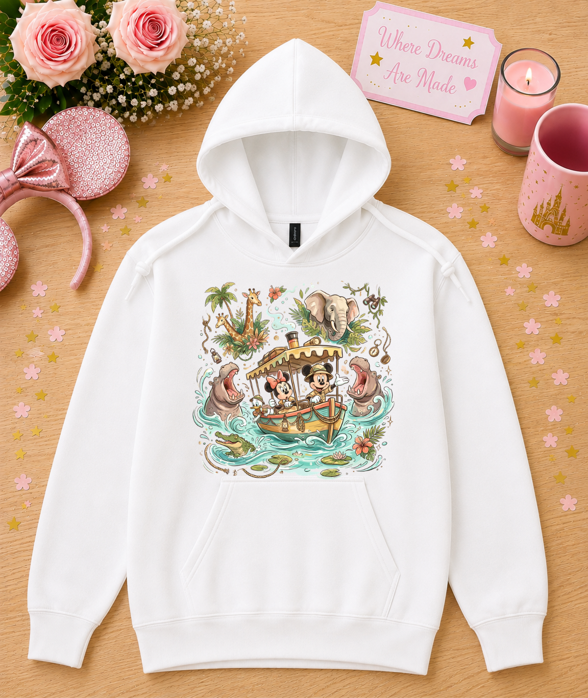 Jungle River Adventure Hoodie – Tropical Safari Boat Design