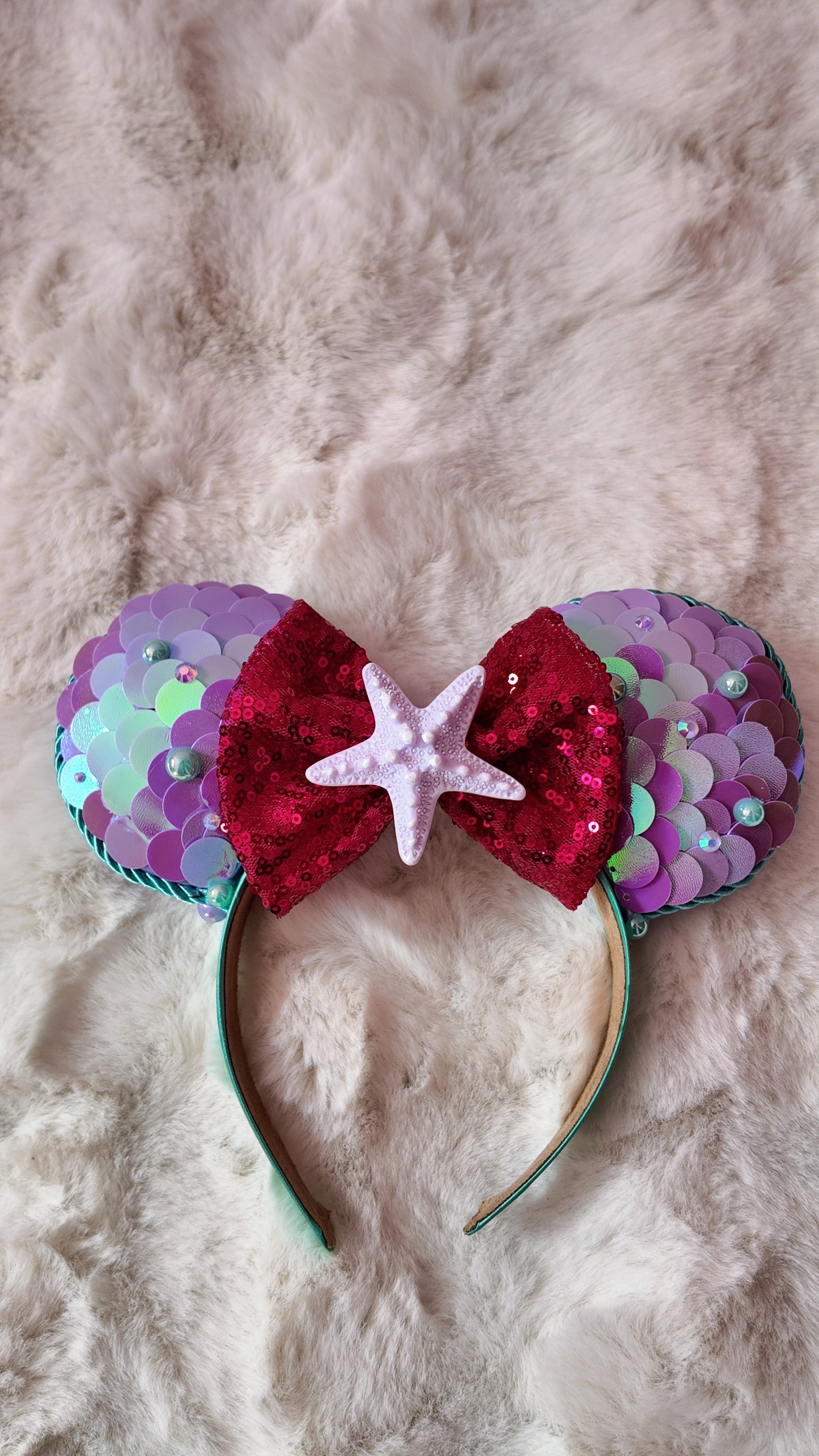 Mermaid Mouse Ears Headband, Purple Sequin Minnie Ears with Red Bow & Starfish, Iridescent Ariel Inspired Ears