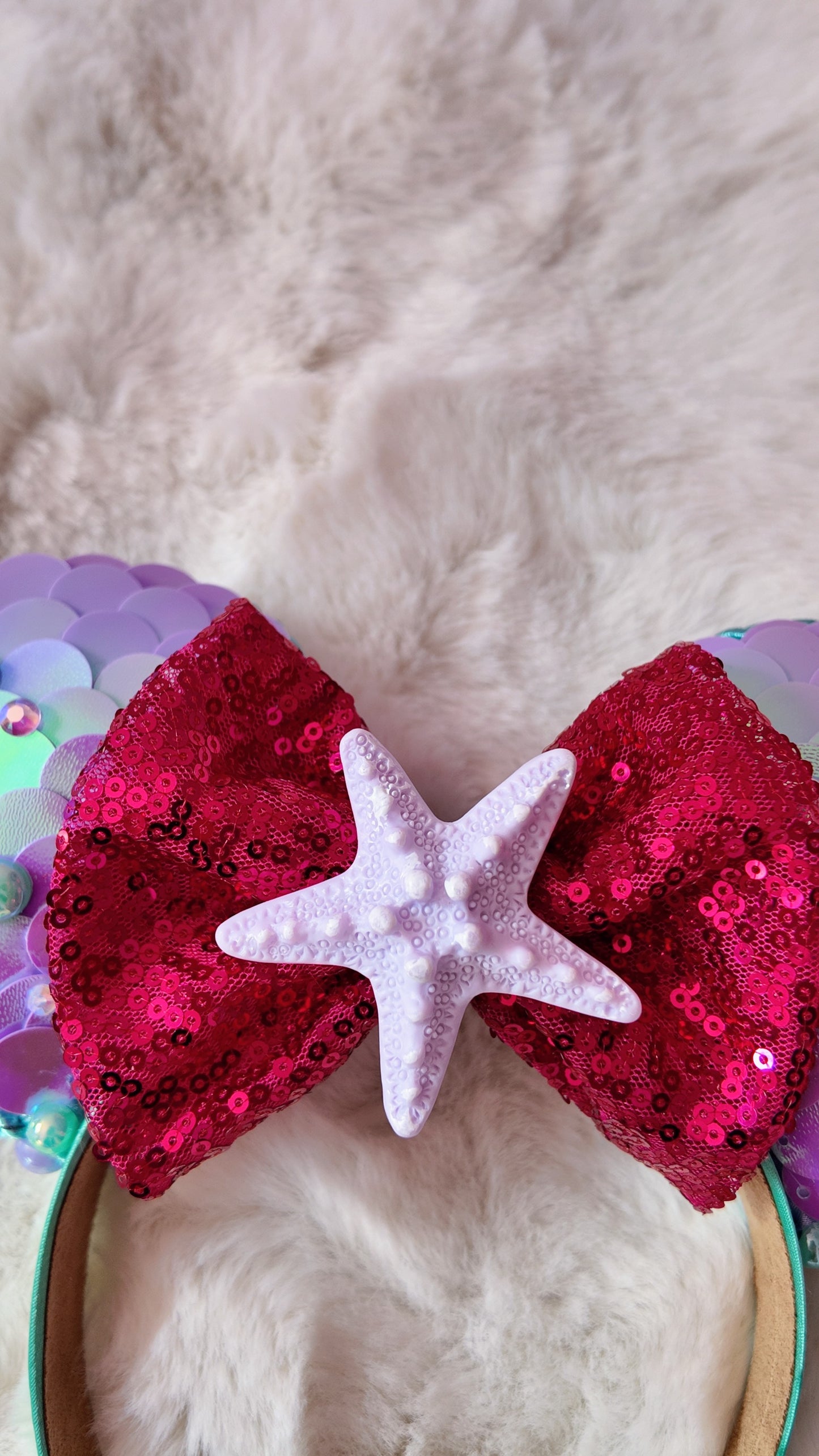 Mermaid Mouse Ears Headband, Purple Sequin Minnie Ears with Red Bow & Starfish, Iridescent Ariel Inspired Ears