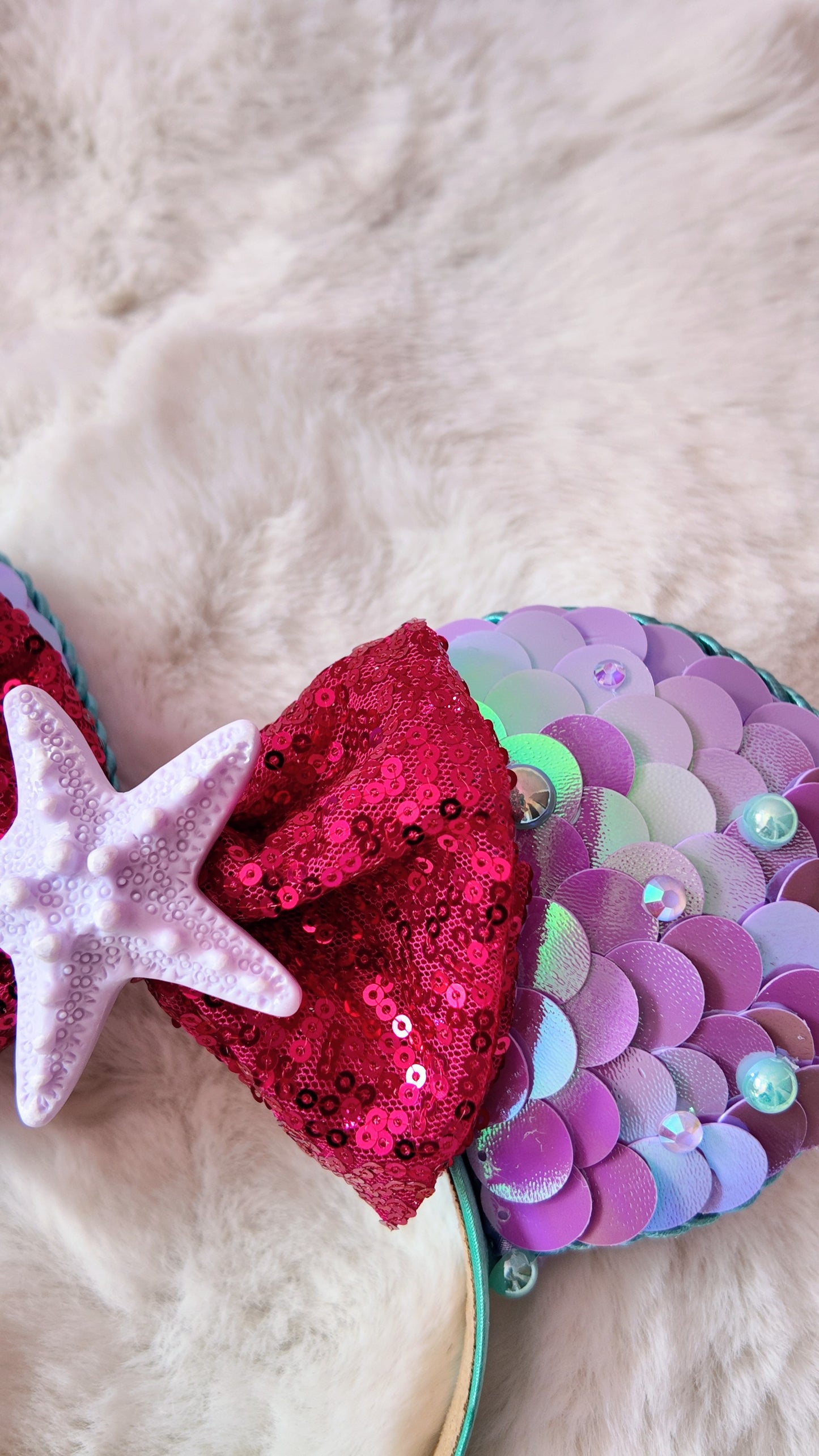 Mermaid Mouse Ears Headband, Purple Sequin Minnie Ears with Red Bow & Starfish, Iridescent Ariel Inspired Ears