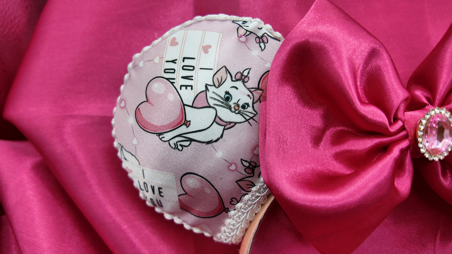 Marie Cat Ears Headband With Satin Bow Pink Featuring Adorable Cat Prints and Sparkling Rhinestone Center